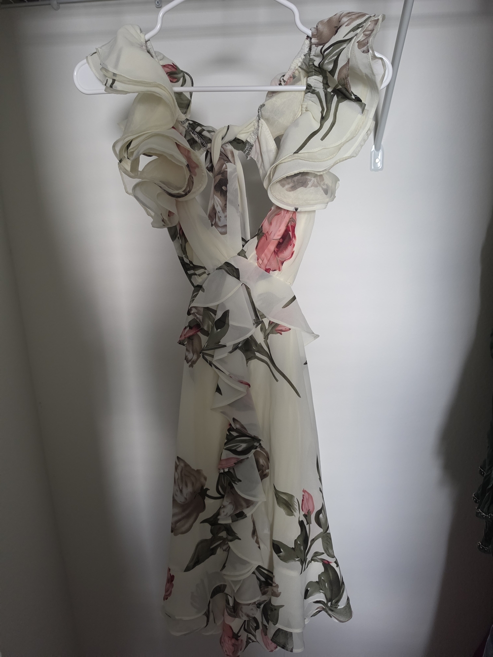 Velvet Cream Floral Ruffle Midi Dress with Pink Roses